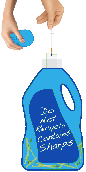 Needle and syringe placed into an old laundry detergent plastic sharps container